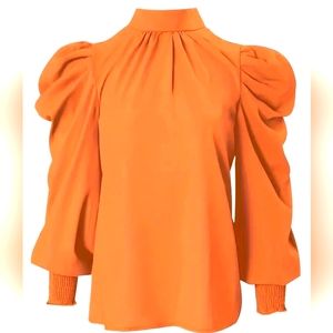 Orange Solid Puff Sleeve, Stand Collar Long Sleeve, Elegant Blouse. Never worn.